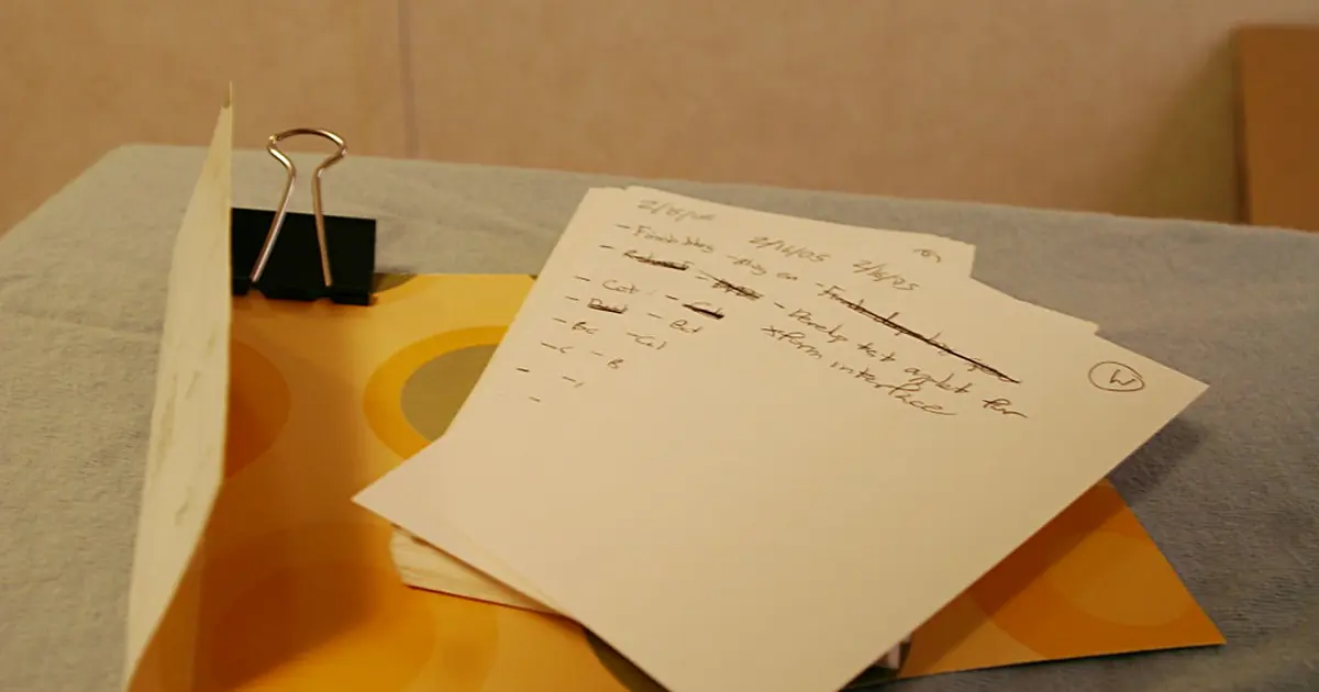 Index cards in an envelope with a binder clip